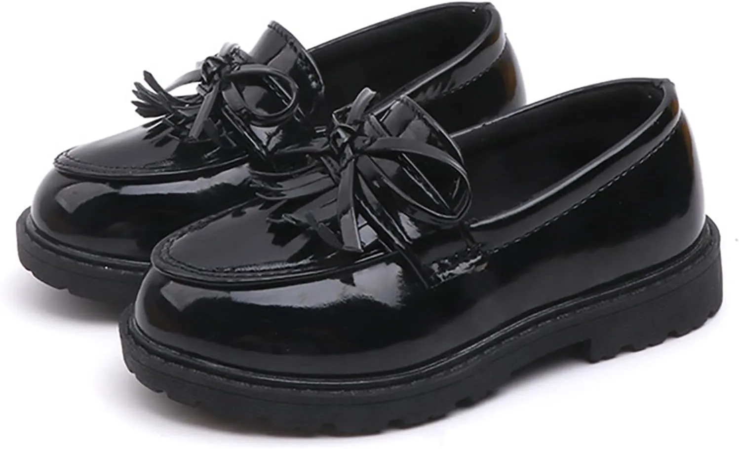 Big Girls Loafer Slip On Leather Tassel Bow School Dress Shoes 𝗣atent-Leather Reflective Flat Loafers Glitter Shoes