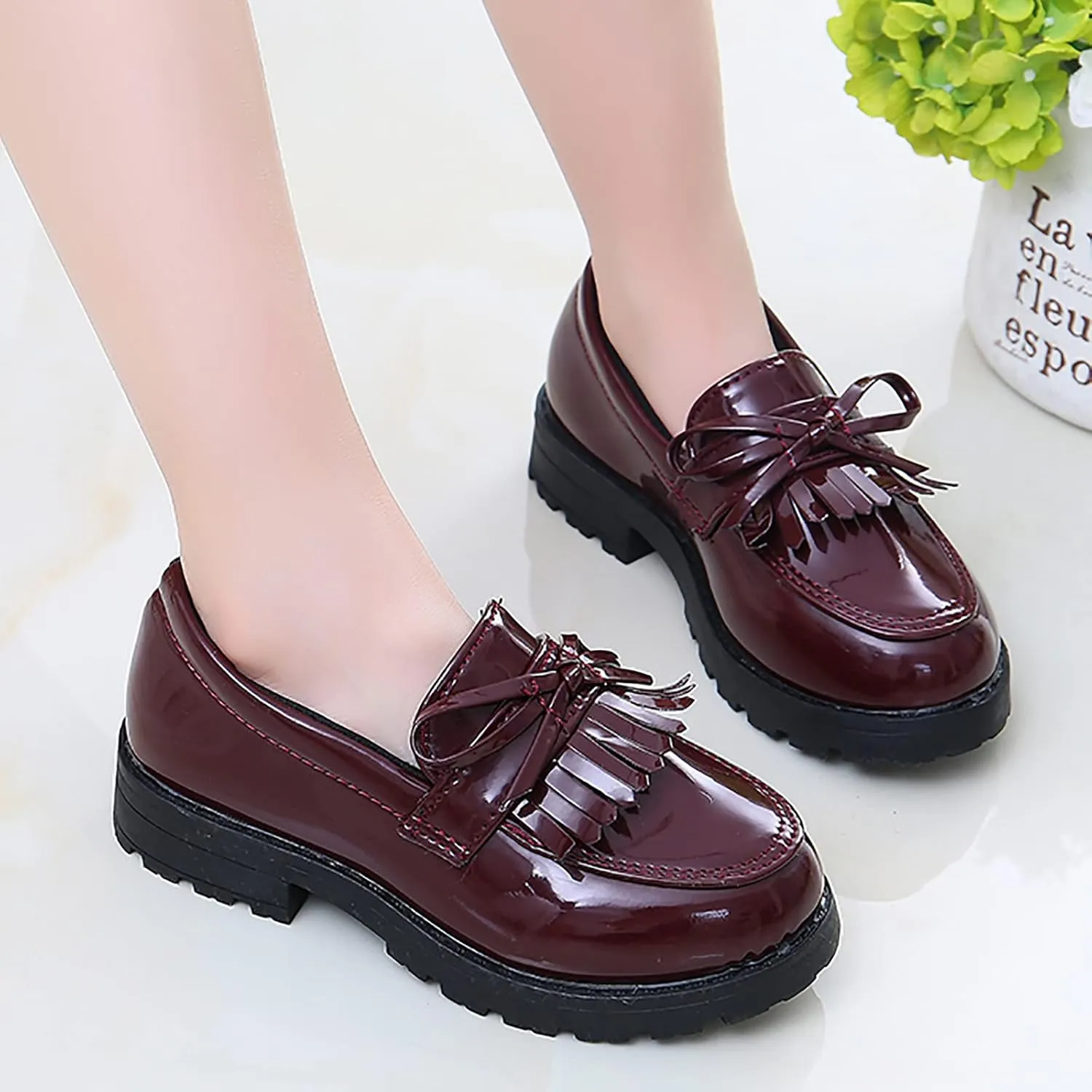 Big Girls Loafer Slip On Leather Tassel Bow School Dress Shoes 𝗣atent-Leather Reflective Flat Loafers Glitter Shoes