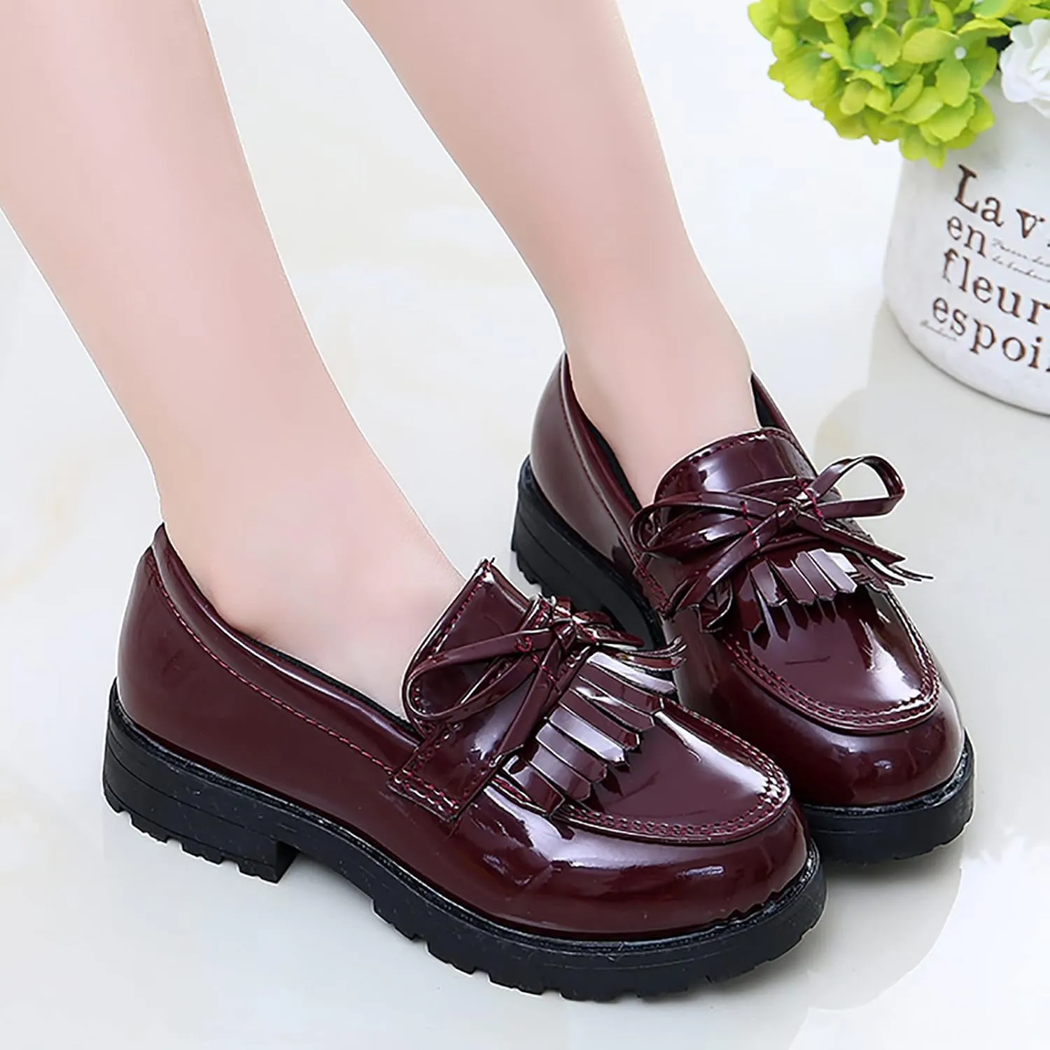 Big Girls Loafer Slip On Leather Tassel Bow School Dress Shoes 𝗣atent-Leather Reflective Flat Loafers Glitter Shoes