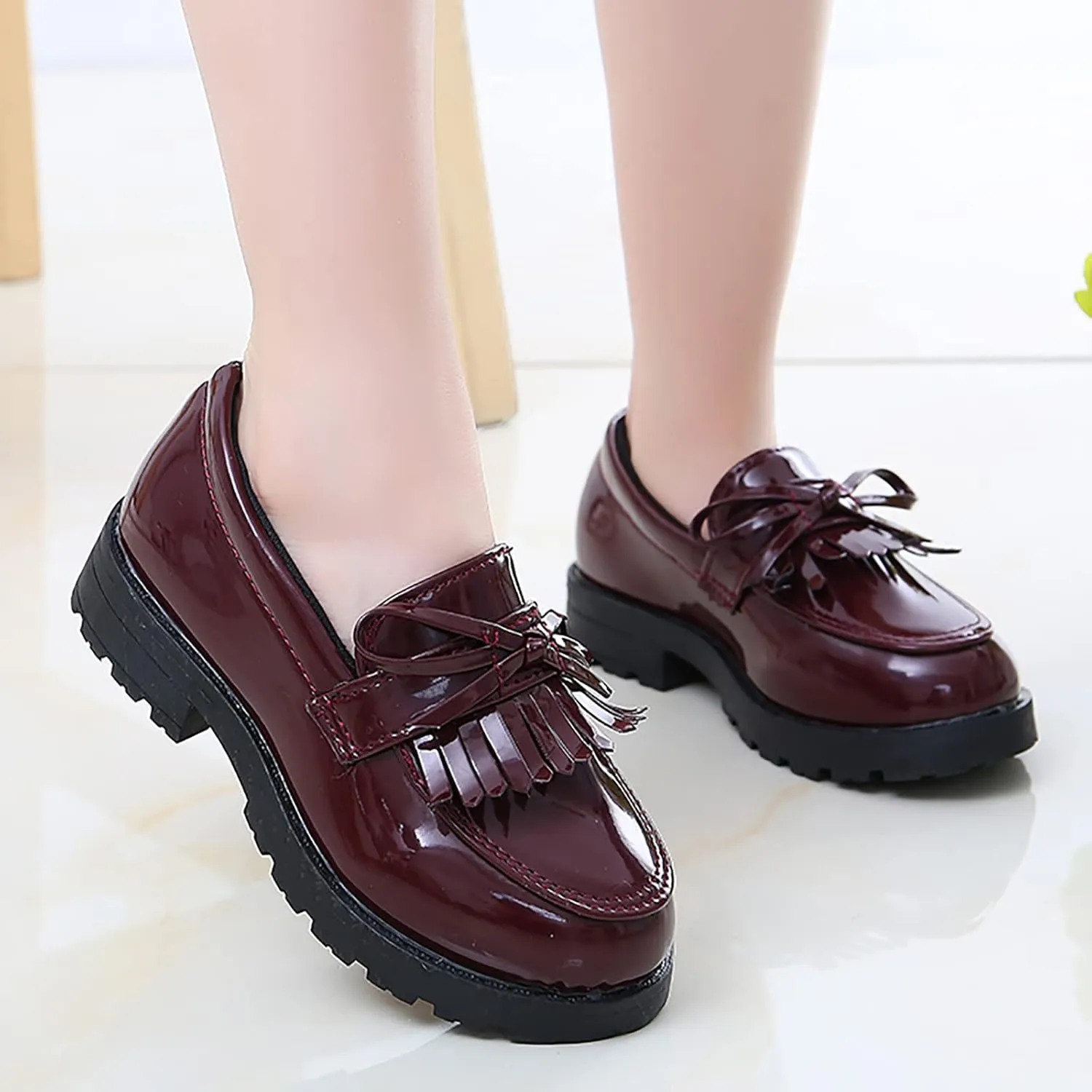 Big Girls Loafer Slip On Leather Tassel Bow School Dress Shoes 𝗣atent-Leather Reflective Flat Loafers Glitter Shoes
