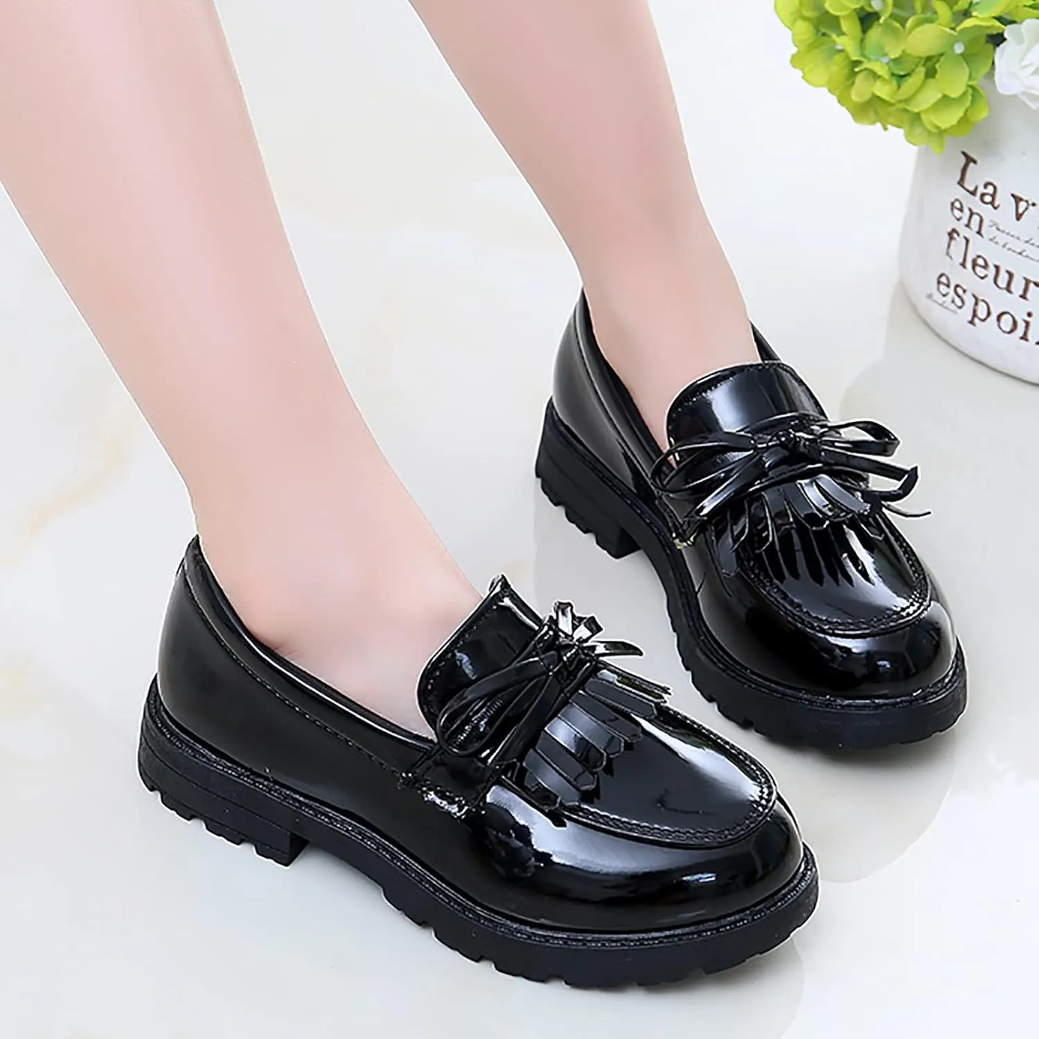 Big Girls Loafer Slip On Leather Tassel Bow School Dress Shoes 𝗣atent-Leather Reflective Flat Loafers Glitter Shoes
