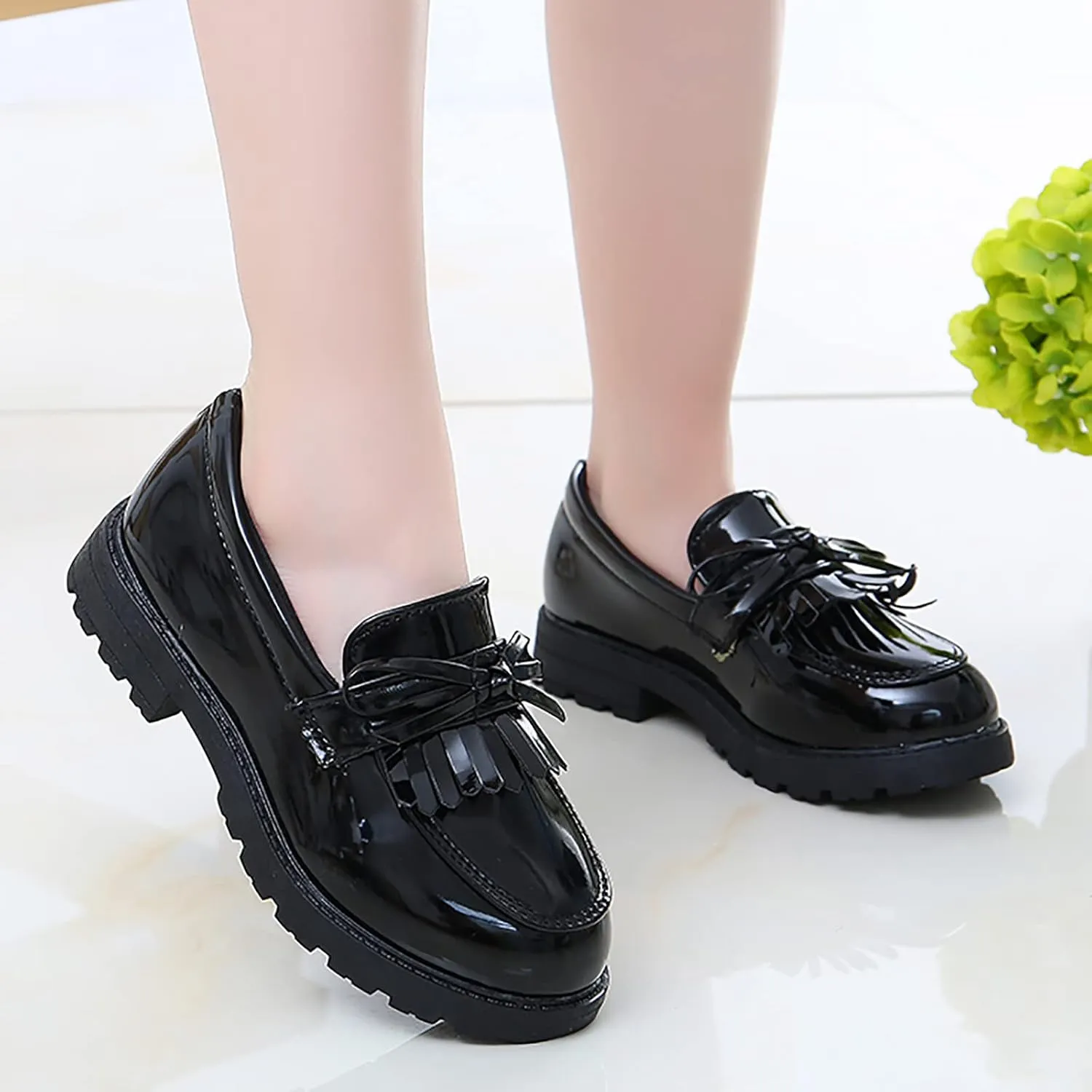 Big Girls Loafer Slip On Leather Tassel Bow School Dress Shoes 𝗣atent-Leather Reflective Flat Loafers Glitter Shoes
