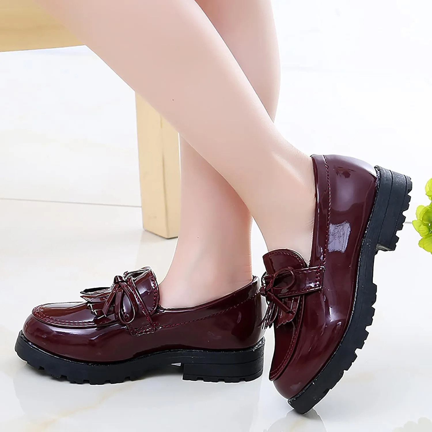 Big Girls Loafer Slip On Leather Tassel Bow School Dress Shoes 𝗣atent-Leather Reflective Flat Loafers Glitter Shoes