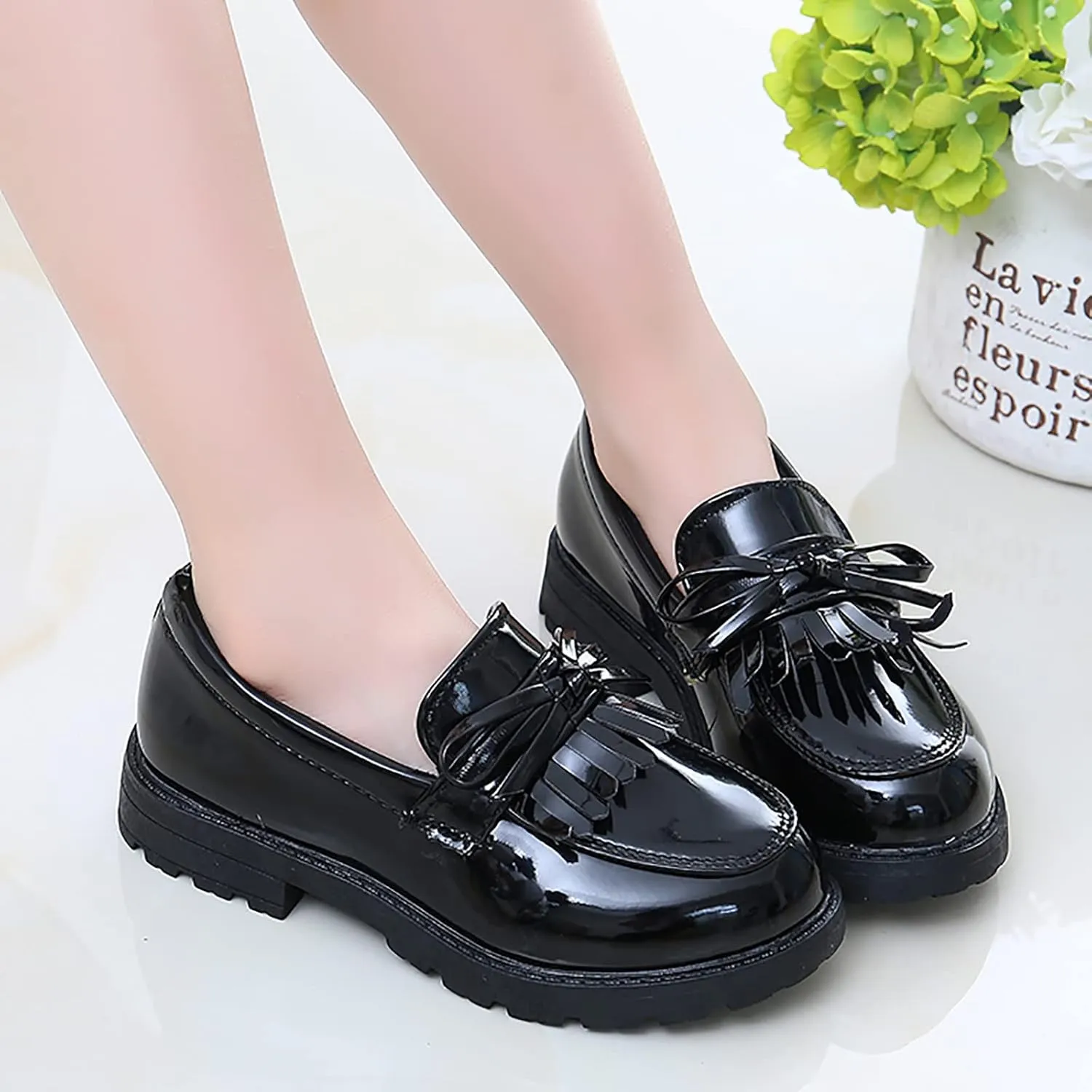 Big Girls Loafer Slip On Leather Tassel Bow School Dress Shoes 𝗣atent-Leather Reflective Flat Loafers Glitter Shoes