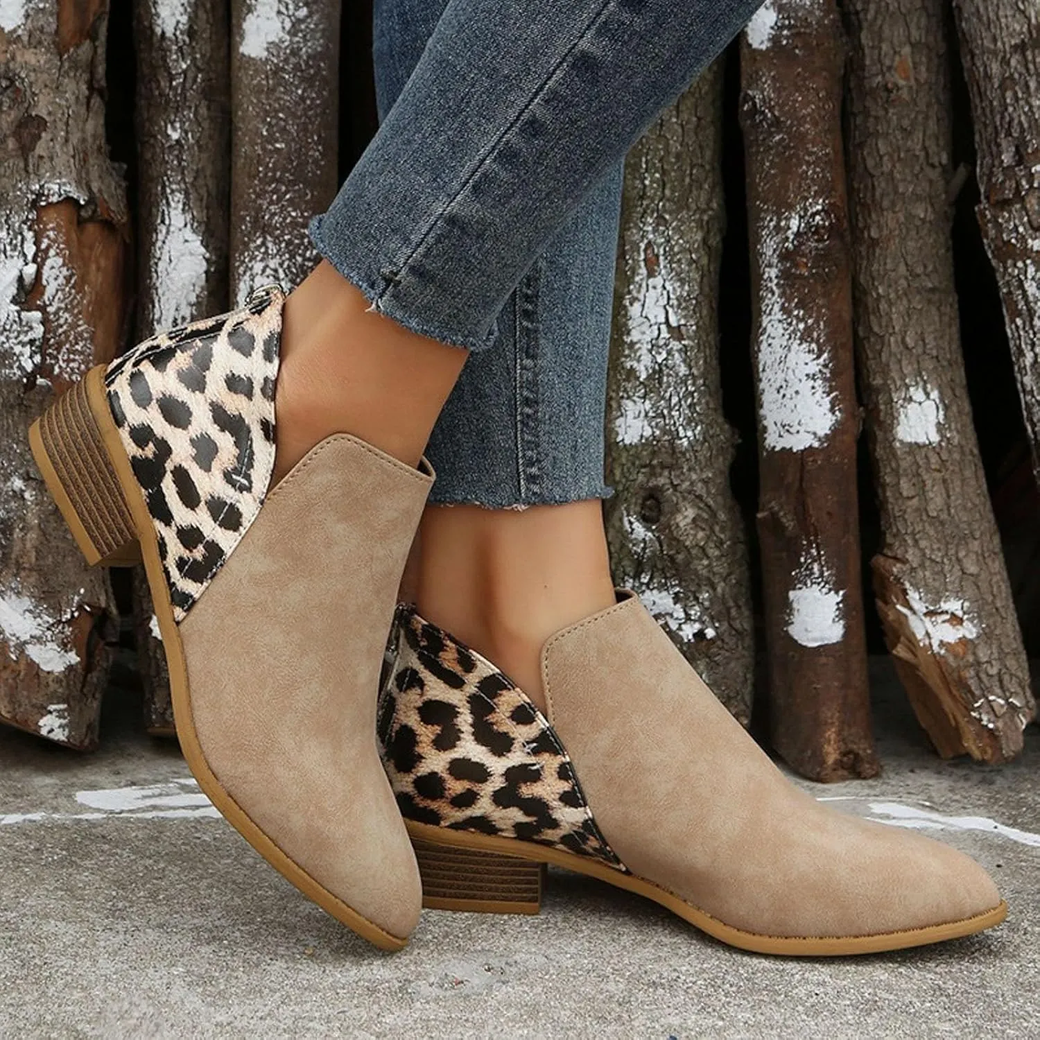 Boots for Women Ankle Booties Winter Autumn and Winter Large Size Suede Chunky Heel Side Zipper Leopard Print Boots