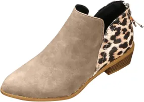 Boots for Women Ankle Booties Winter Autumn and Winter Large Size Suede Chunky Heel Side Zipper Leopard Print Boots