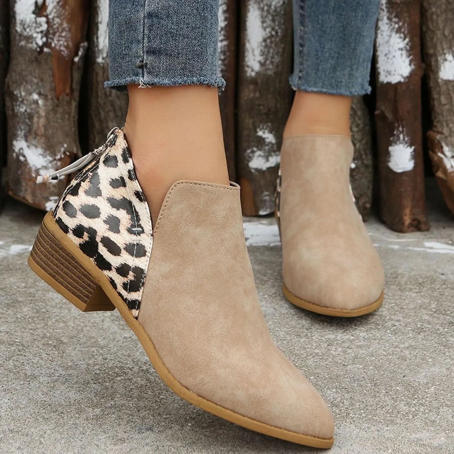 Boots for Women Ankle Booties Winter Autumn and Winter Large Size Suede Chunky Heel Side Zipper Leopard Print Boots