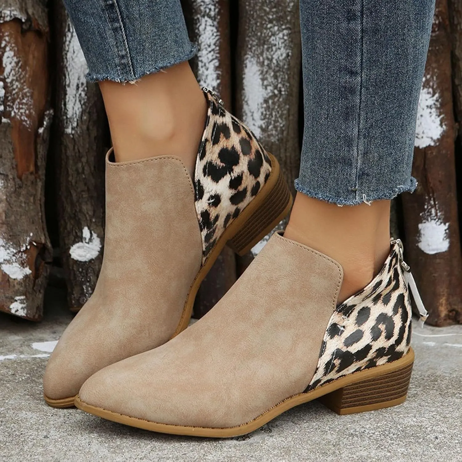 Boots for Women Ankle Booties Winter Autumn and Winter Large Size Suede Chunky Heel Side Zipper Leopard Print Boots