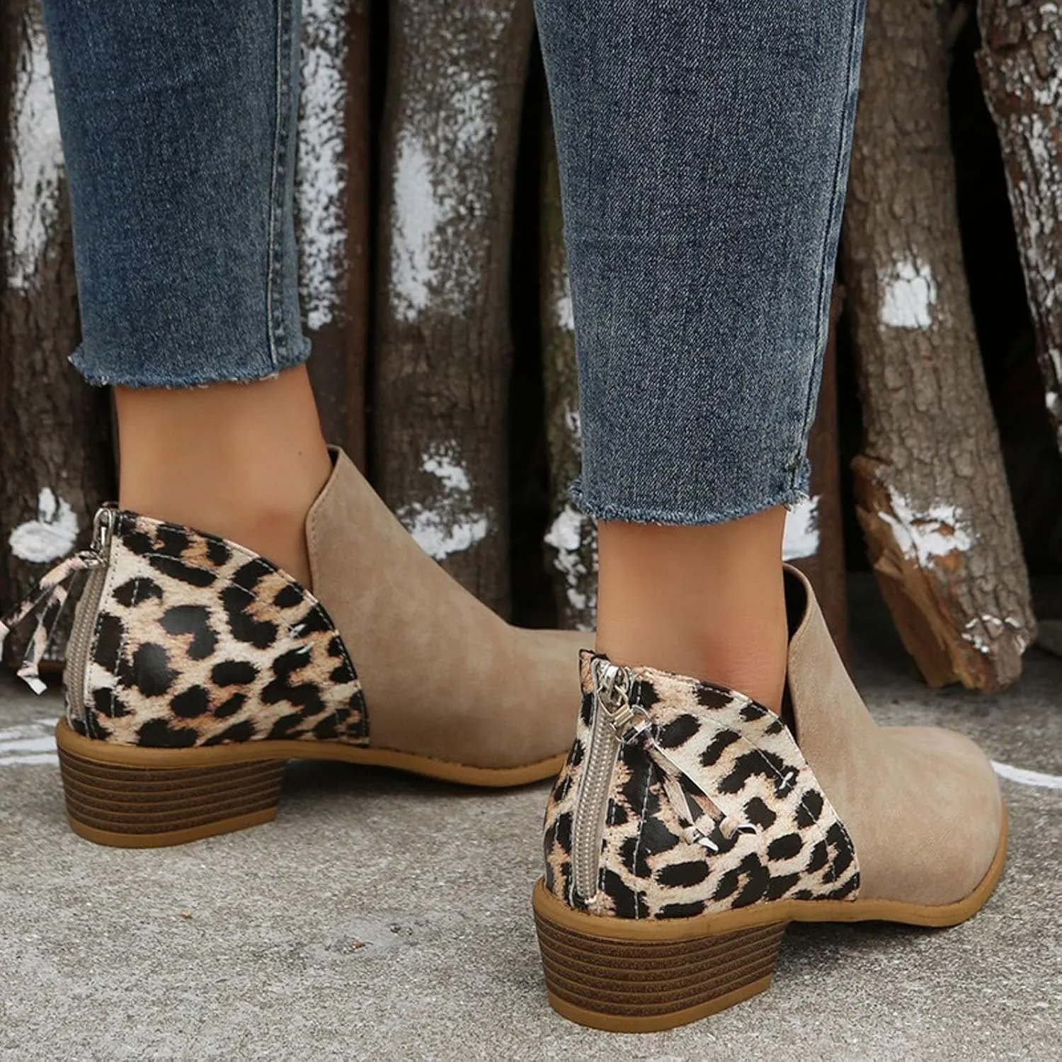 Boots for Women Ankle Booties Winter Autumn and Winter Large Size Suede Chunky Heel Side Zipper Leopard Print Boots