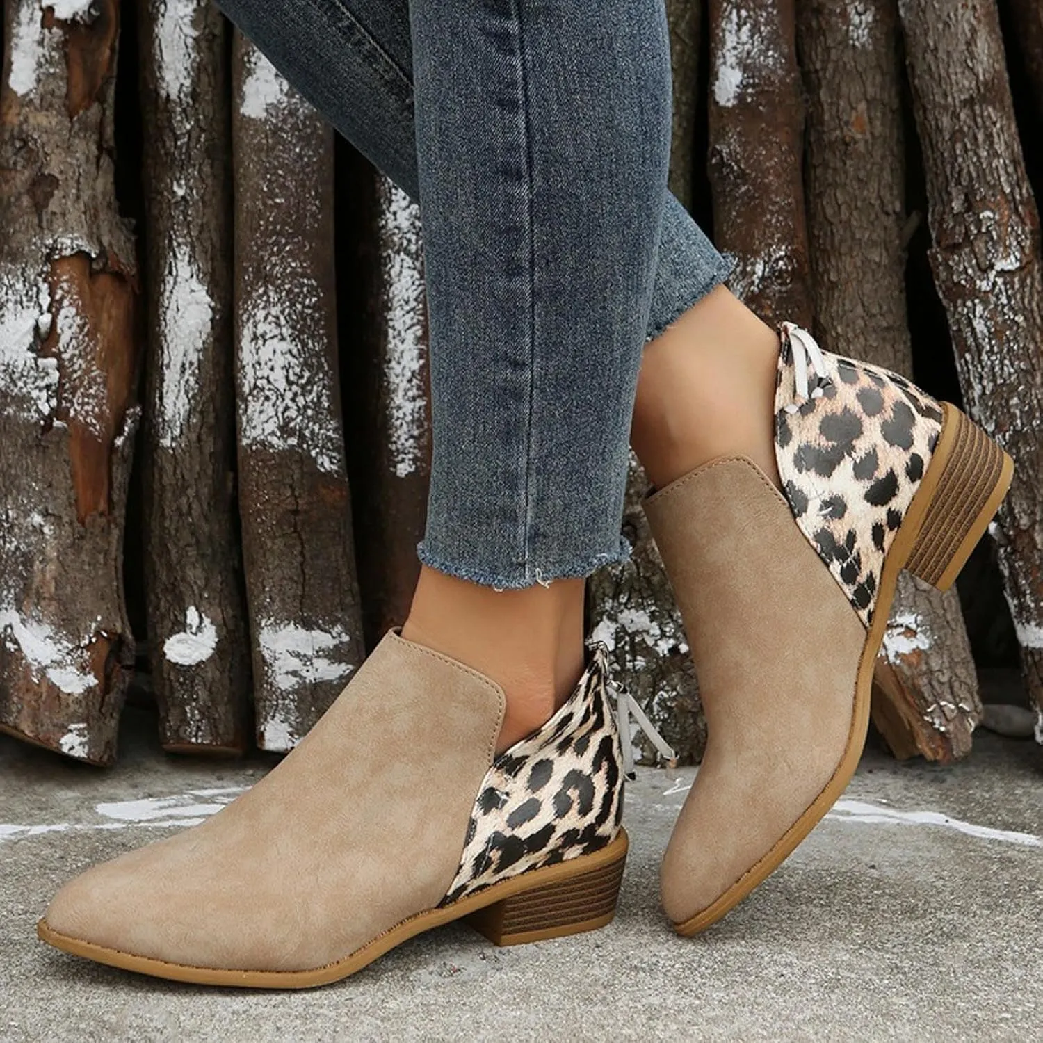 Boots for Women Ankle Booties Winter Autumn and Winter Large Size Suede Chunky Heel Side Zipper Leopard Print Boots