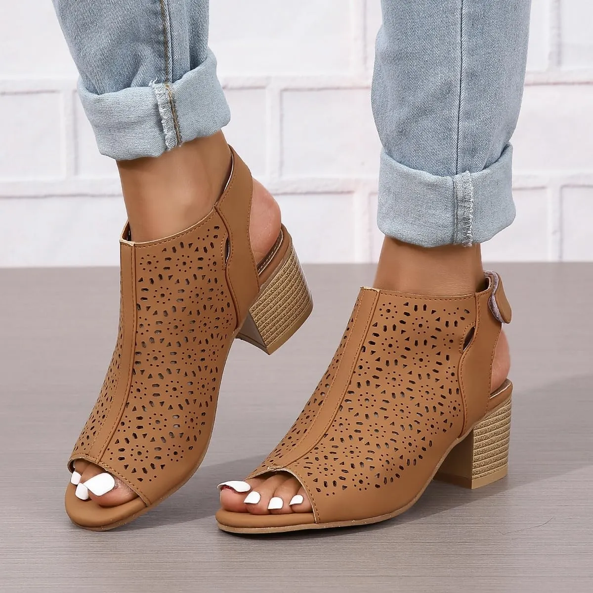 Chunky Sandals for Women Orthopedic Fashion Non Slip Middle Heels Breathable Hollow Out Slingback Sandals Ladies Elegant Summer Walking Shoes and Hook And Loop Closure