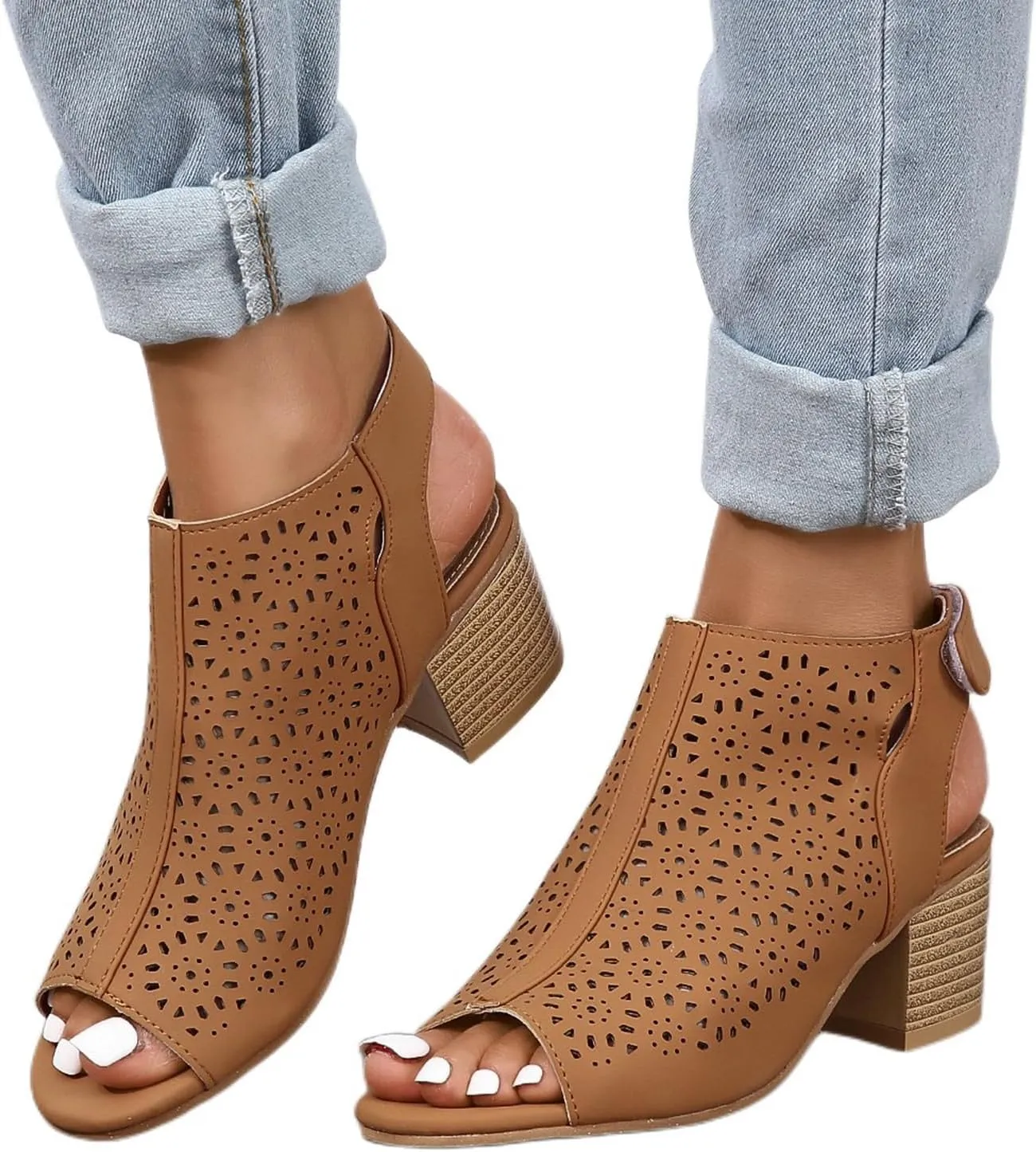 Chunky Sandals for Women Orthopedic Fashion Non Slip Middle Heels Breathable Hollow Out Slingback Sandals Ladies Elegant Summer Walking Shoes and Hook And Loop Closure