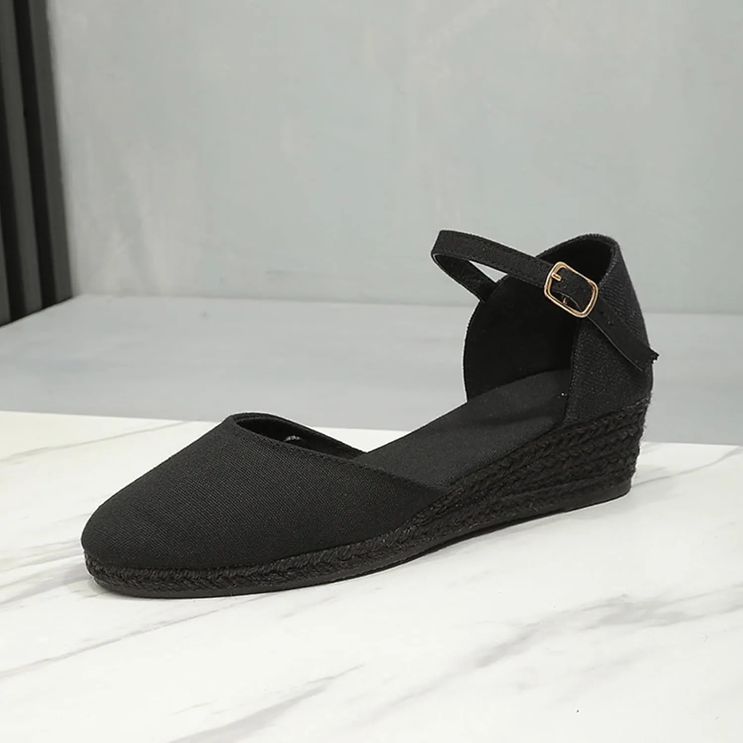 Closed Toe Sandals Women,Closed Wedges,Wedges Heels Espadrilles Wedge,Canvas Ankle Strap Shoes Platform Heel Buckle Dressy Wedge Heeled Ladies Comfortable Summer Beach Wedding