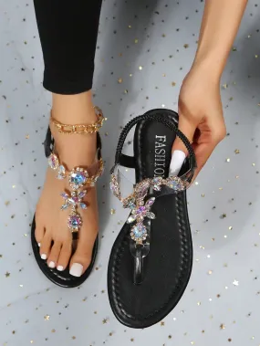 Fashion Sandals For Women, Rhinestone Decor Thong Sandals