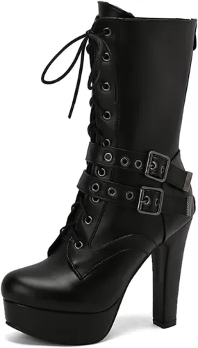 Fashion Womens Chunky High Heels Ankle Boots Lace up Platform Heels Booties