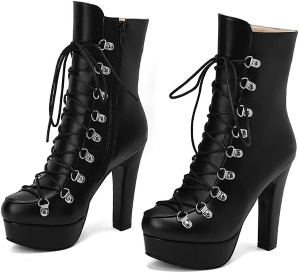 Fashion Womens Chunky High Heels Ankle Boots Lace up Platform Heels Booties