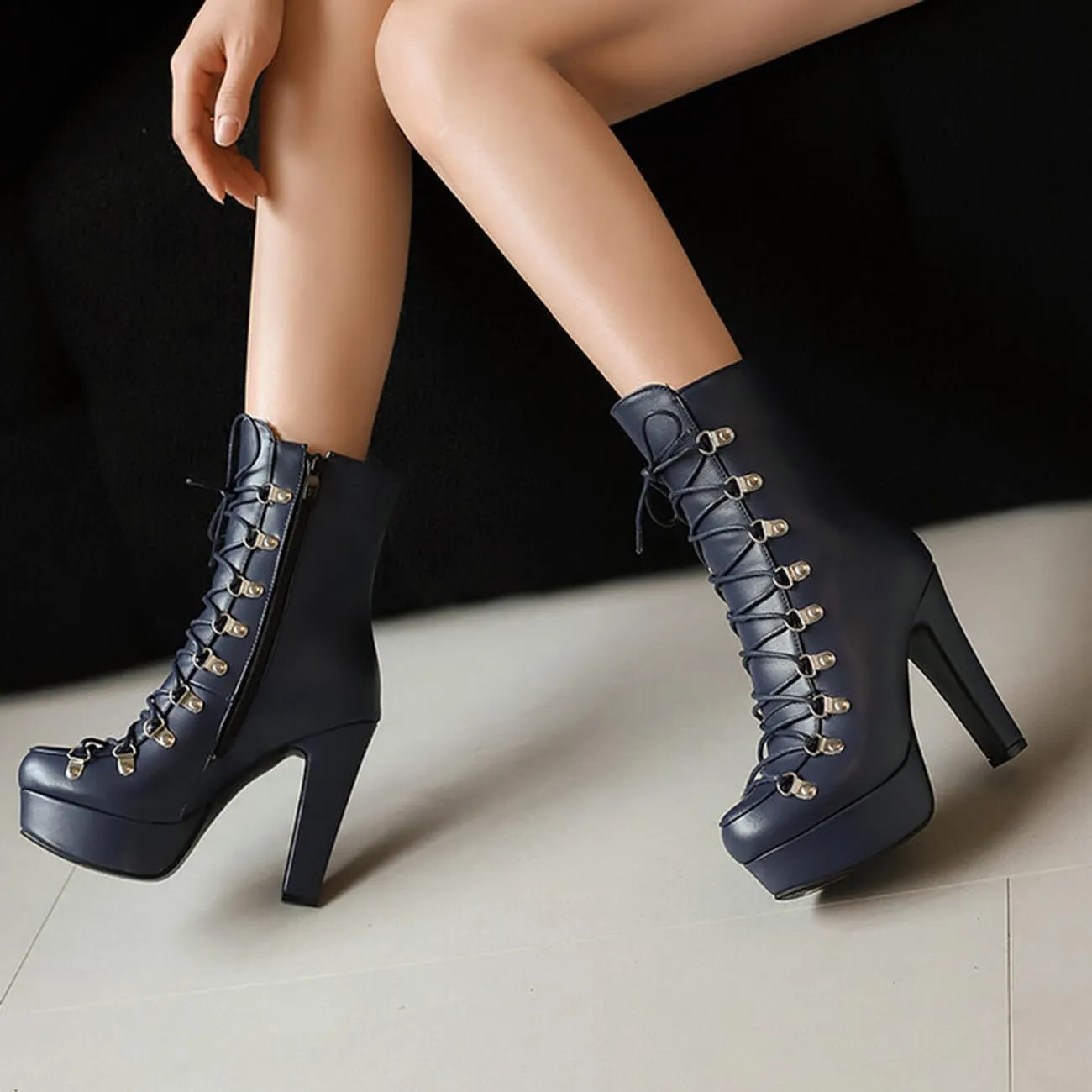Fashion Womens Chunky High Heels Ankle Boots Lace up Platform Heels Booties