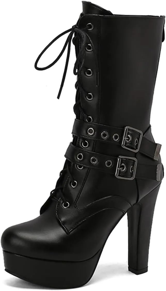 Fashion Womens Chunky High Heels Ankle Boots Lace up Platform Heels Booties