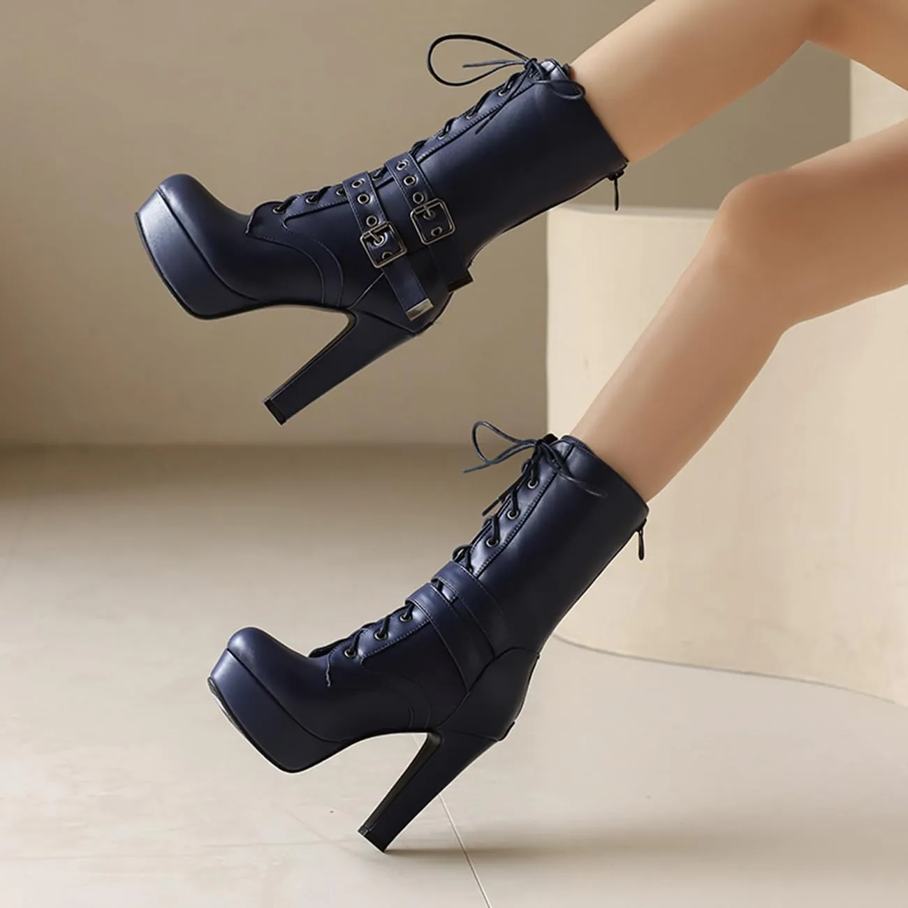Fashion Womens Chunky High Heels Ankle Boots Lace up Platform Heels Booties