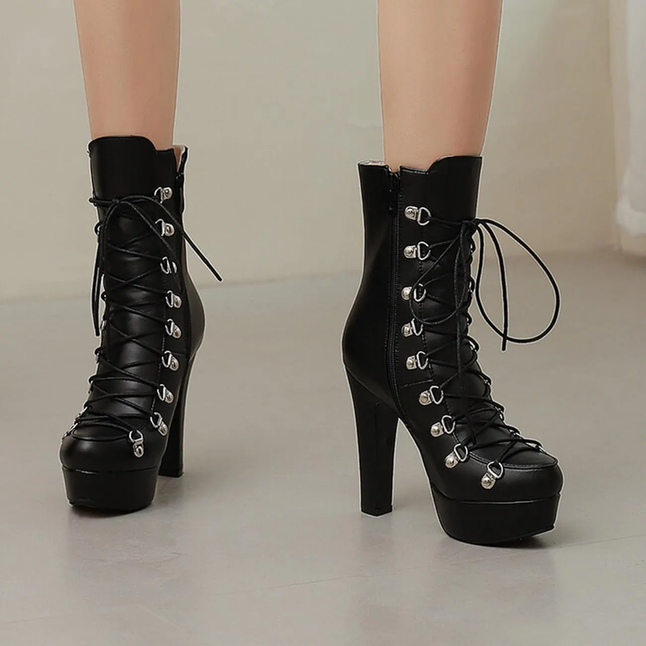 Fashion Womens Chunky High Heels Ankle Boots Lace up Platform Heels Booties