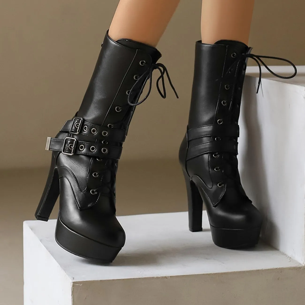 Fashion Womens Chunky High Heels Ankle Boots Lace up Platform Heels Booties