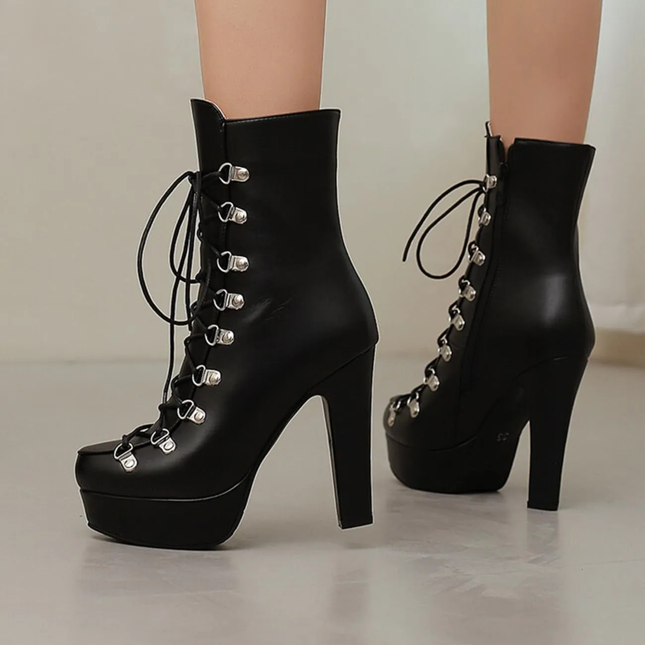 Fashion Womens Chunky High Heels Ankle Boots Lace up Platform Heels Booties
