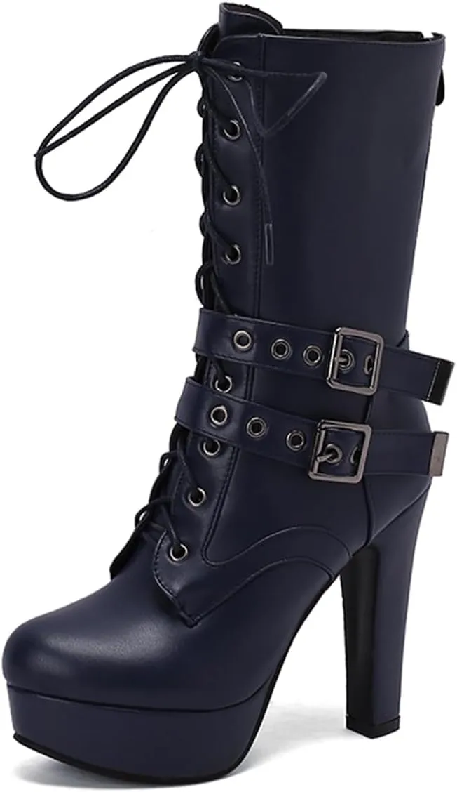 Fashion Womens Chunky High Heels Ankle Boots Lace up Platform Heels Booties