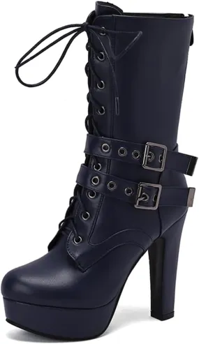 Fashion Womens Chunky High Heels Ankle Boots Lace up Platform Heels Booties