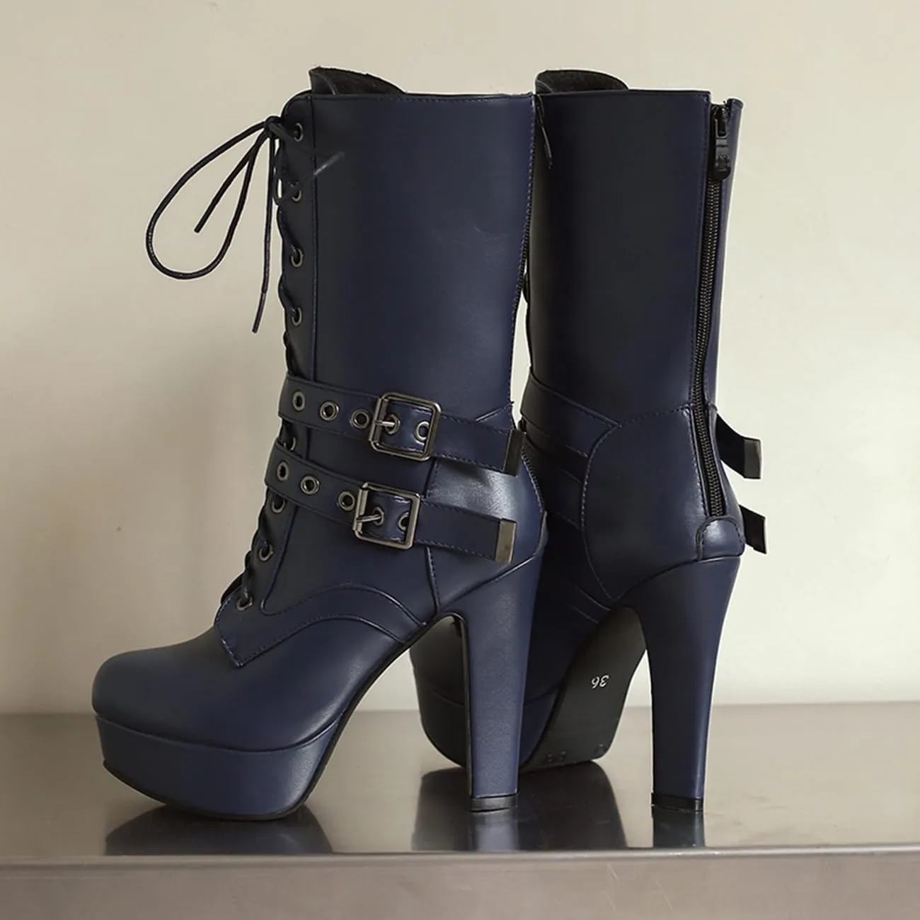 Fashion Womens Chunky High Heels Ankle Boots Lace up Platform Heels Booties