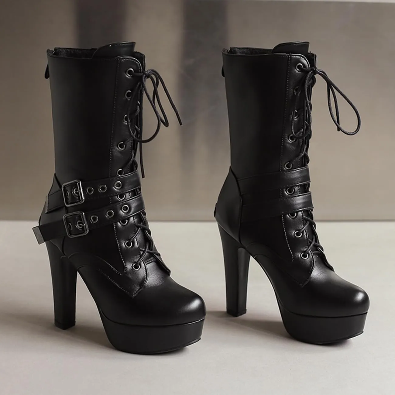 Fashion Womens Chunky High Heels Ankle Boots Lace up Platform Heels Booties