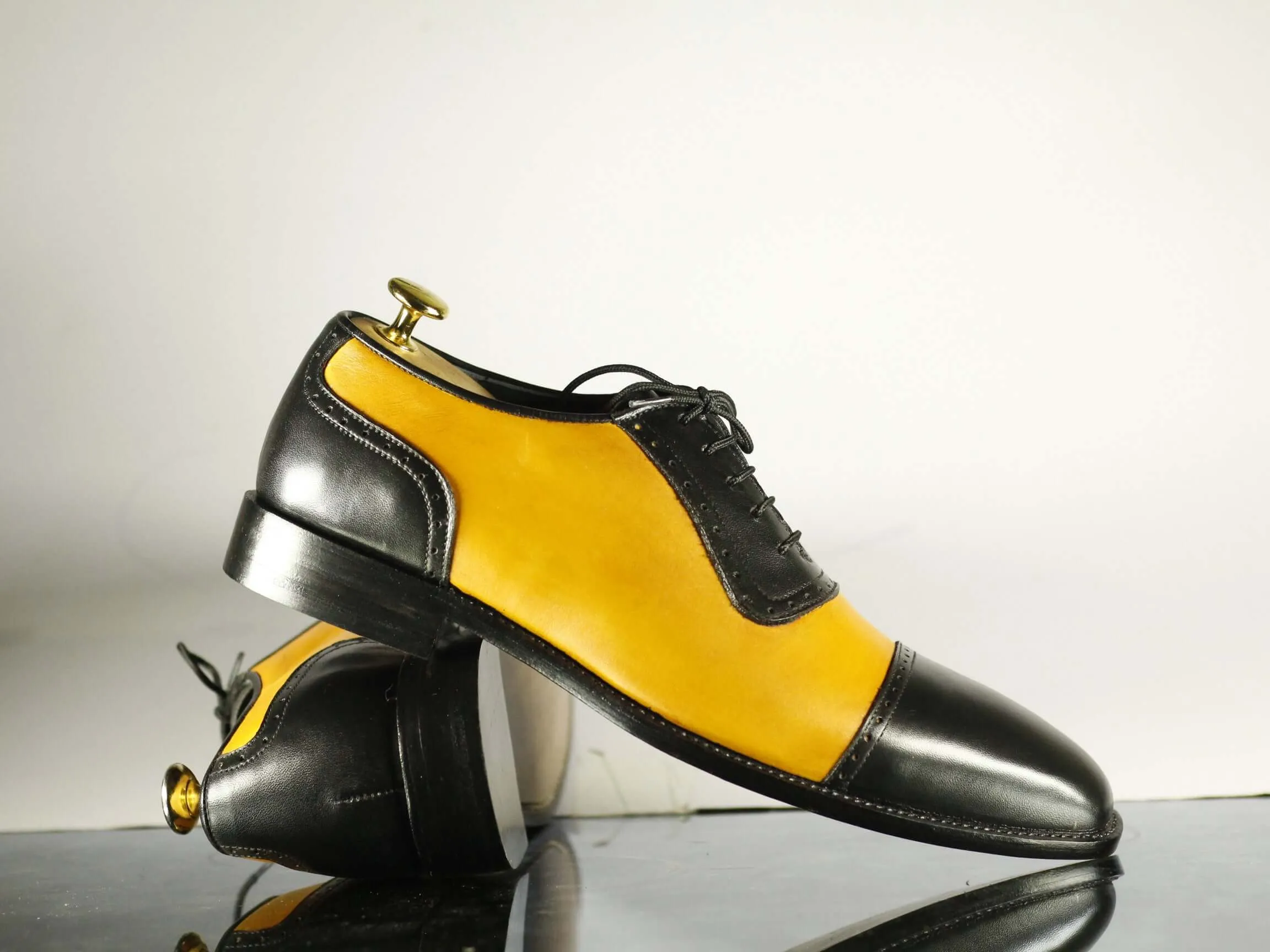 Handmade Men's Black Yellow Leather Cap Toe Lace Up Shoes, Men Designer Dress Formal Luxury Shoes