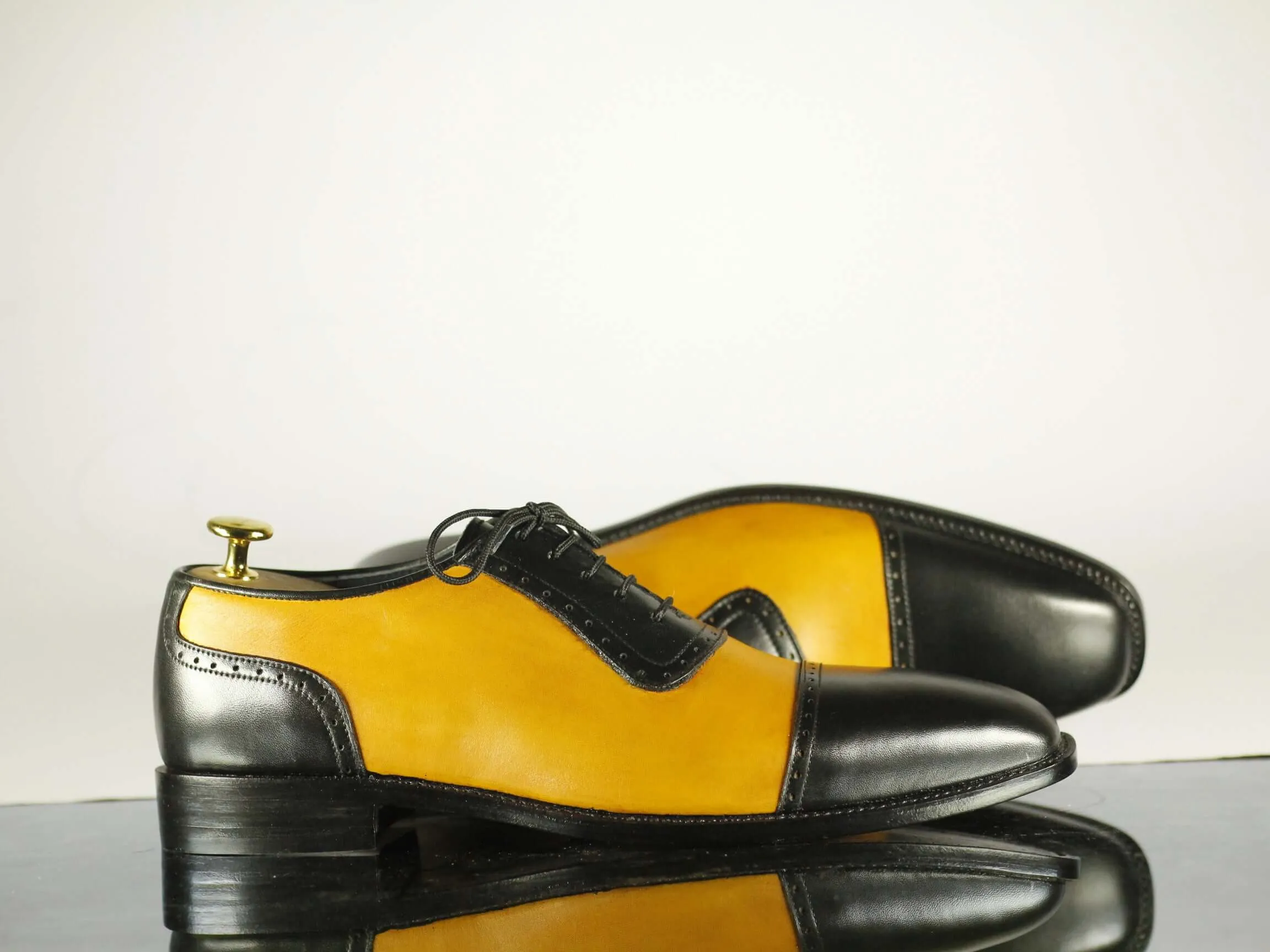 Handmade Men's Black Yellow Leather Cap Toe Lace Up Shoes, Men Designer Dress Formal Luxury Shoes