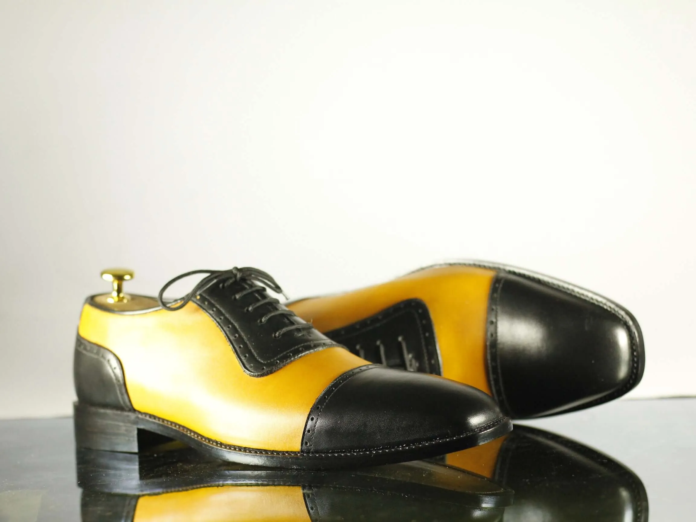 Handmade Men's Black Yellow Leather Cap Toe Lace Up Shoes, Men Designer Dress Formal Luxury Shoes