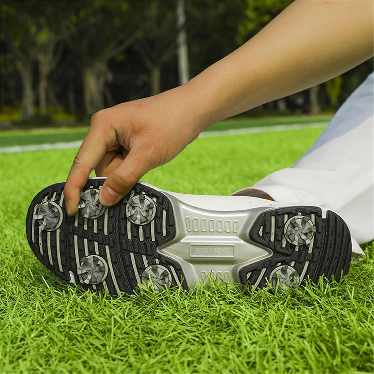 JiuQing Men's Golf Shoes Professional Spikes Leather Golfing Trainers Waterproof Anti-Slip