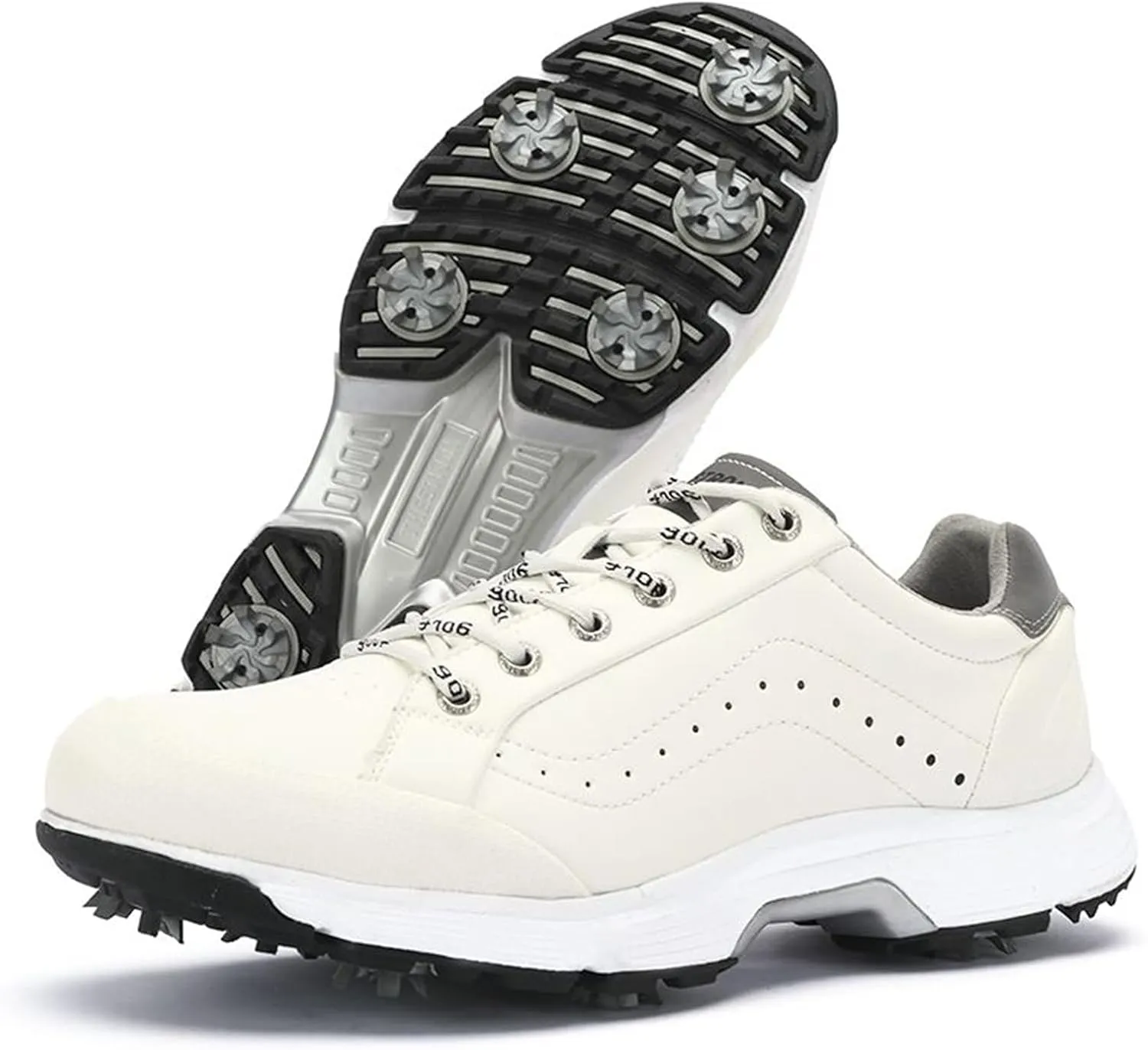 JiuQing Men's Golf Shoes Professional Spikes Leather Golfing Trainers Waterproof Anti-Slip