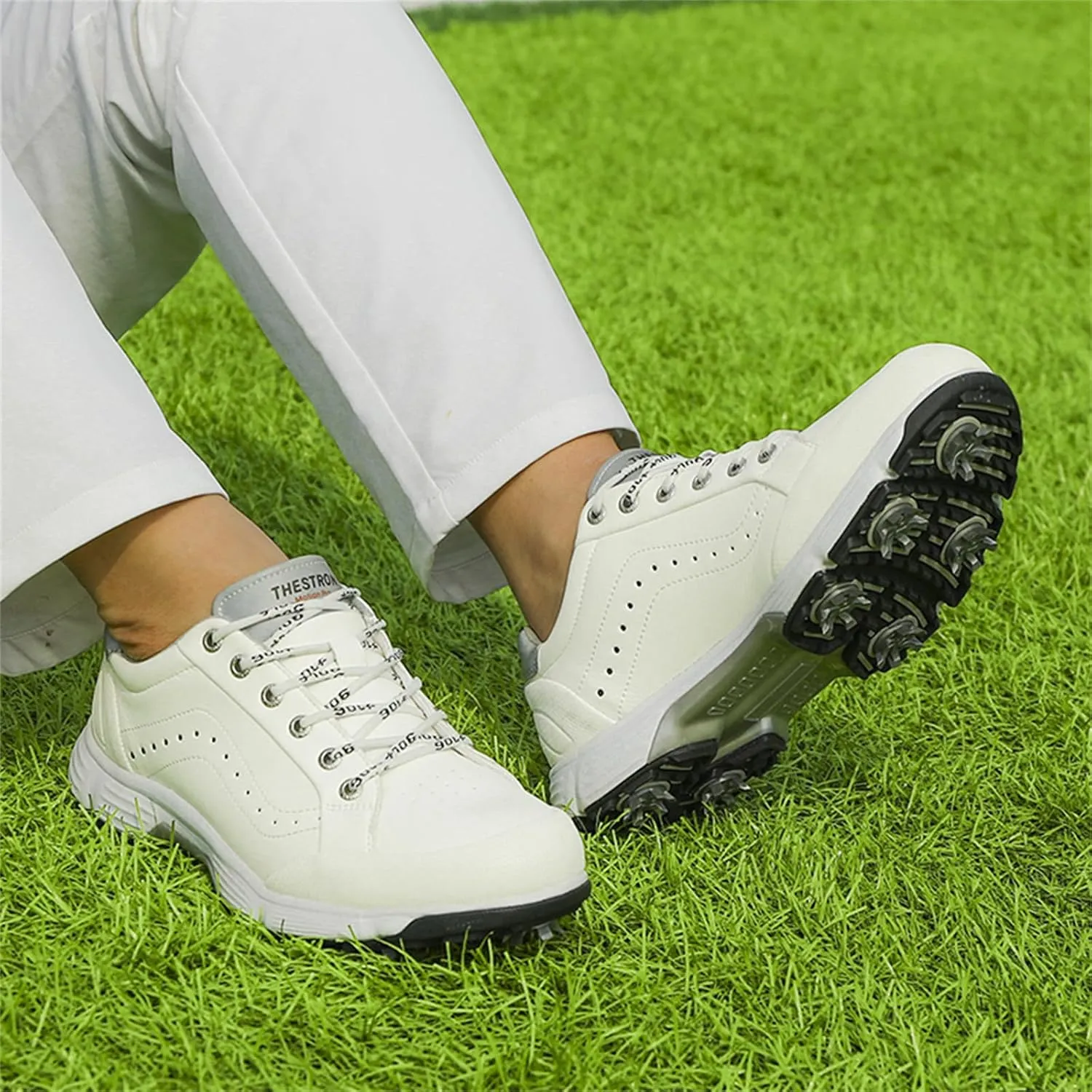 JiuQing Men's Golf Shoes Professional Spikes Leather Golfing Trainers Waterproof Anti-Slip