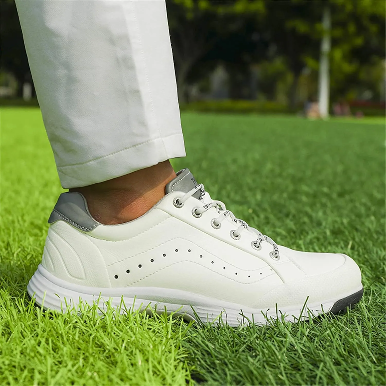JiuQing Men's Golf Shoes Professional Spikes Leather Golfing Trainers Waterproof Anti-Slip