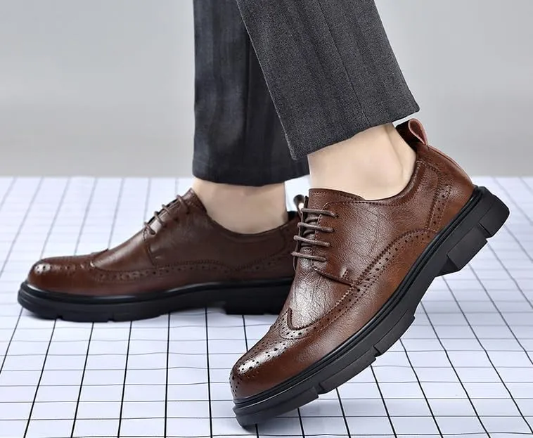 Mens Brogue Leather Wedding Shoes British Style Genuine Leather Business Formal Height Increasing Oxford Shoes