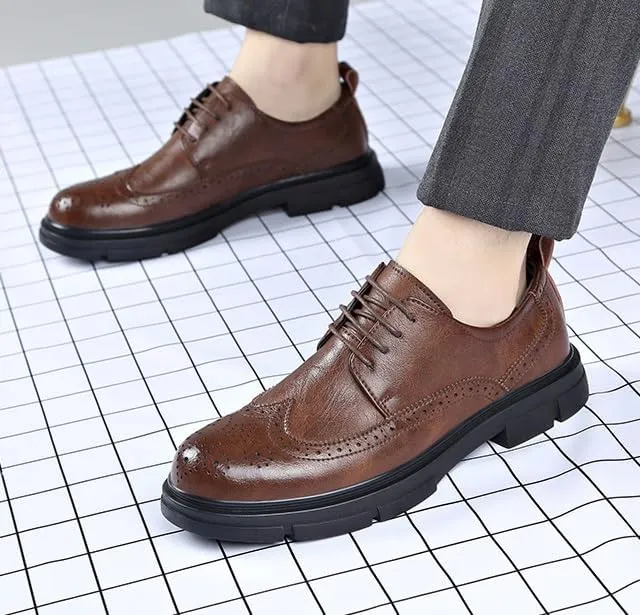 Mens Brogue Leather Wedding Shoes British Style Genuine Leather Business Formal Height Increasing Oxford Shoes