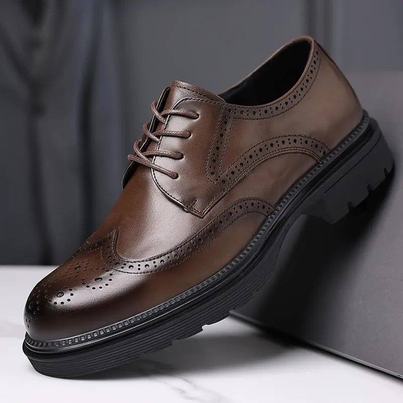 Mens Brown Leather Brogue Dress Shoes Genuine Leather British Business Formal Oxford Office Shoes