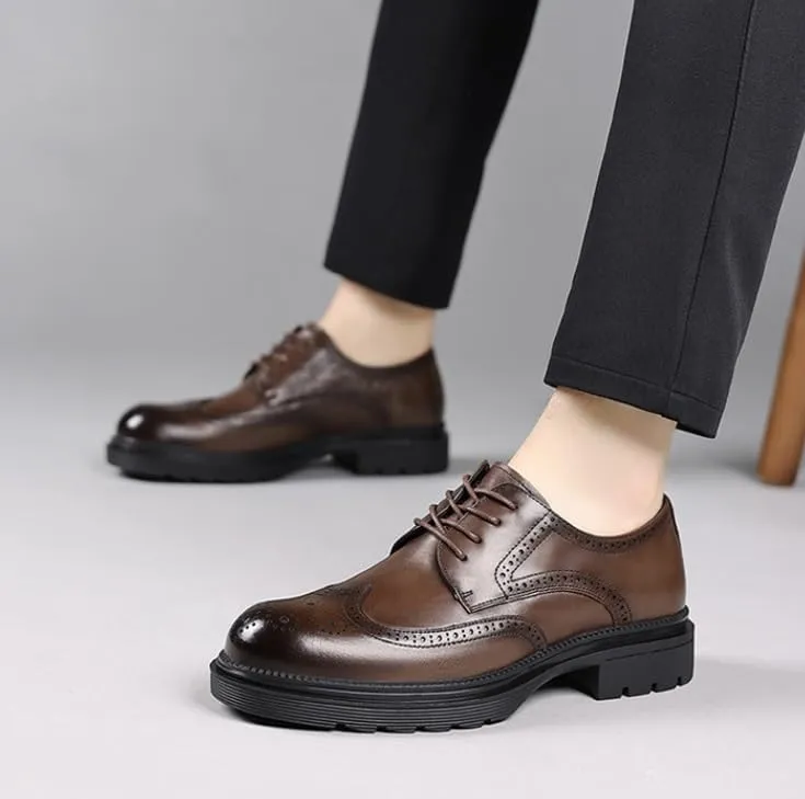 Mens Brown Leather Brogue Dress Shoes Genuine Leather British Business Formal Oxford Office Shoes