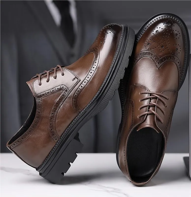 Mens Brown Leather Brogue Dress Shoes Genuine Leather British Business Formal Oxford Office Shoes