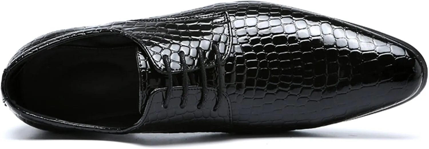 Men's Patent Leather Pointed Toe Leather Pattern Oxford Shoes,Lace-Up Non-Slip Office Derby Wedding Shoes