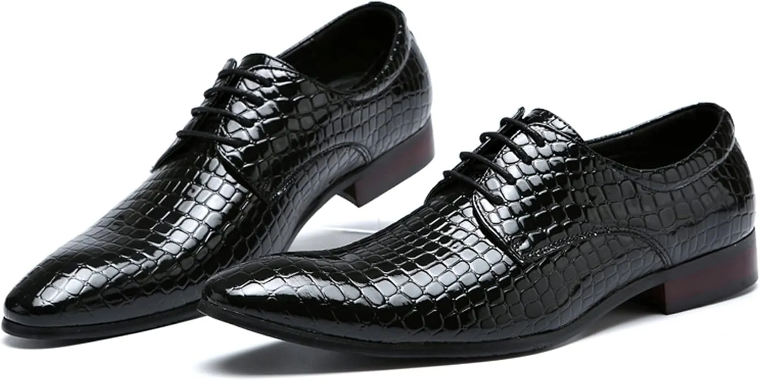 Men's Patent Leather Pointed Toe Leather Pattern Oxford Shoes,Lace-Up Non-Slip Office Derby Wedding Shoes