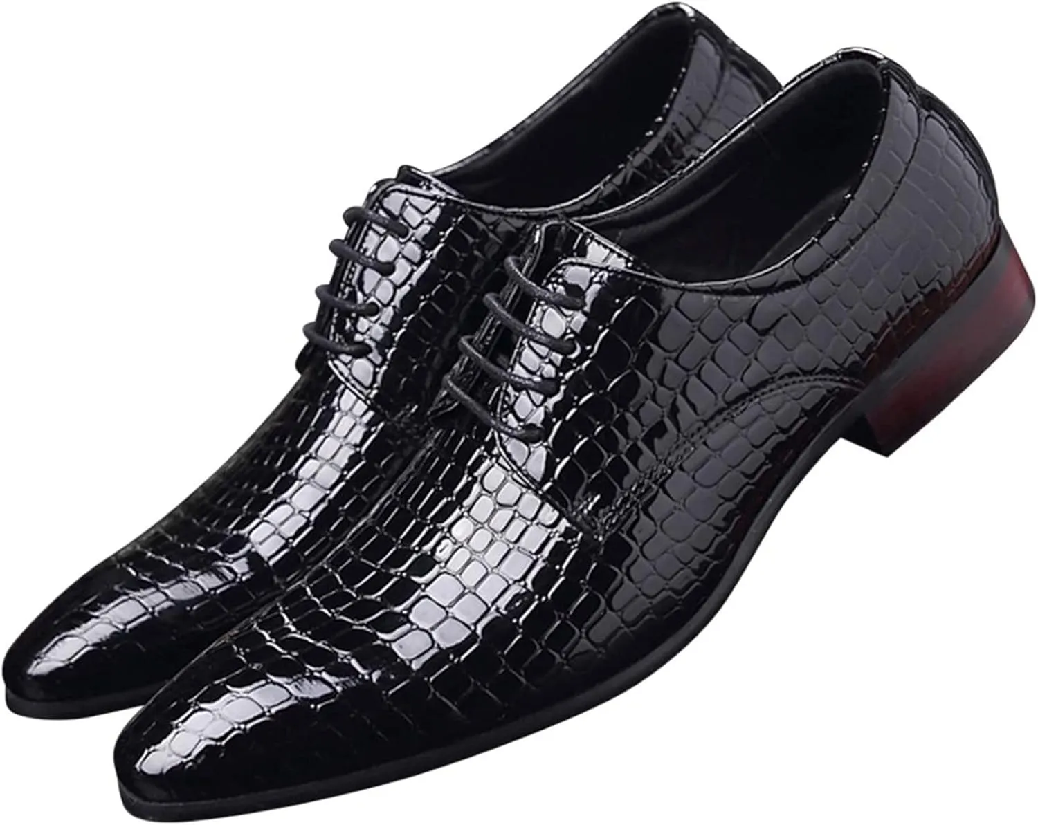 Men's Patent Leather Pointed Toe Leather Pattern Oxford Shoes,Lace-Up Non-Slip Office Derby Wedding Shoes