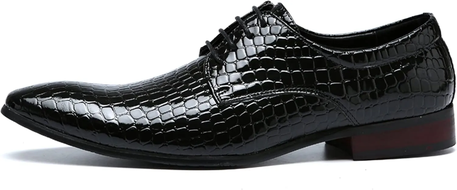 Men's Patent Leather Pointed Toe Leather Pattern Oxford Shoes,Lace-Up Non-Slip Office Derby Wedding Shoes
