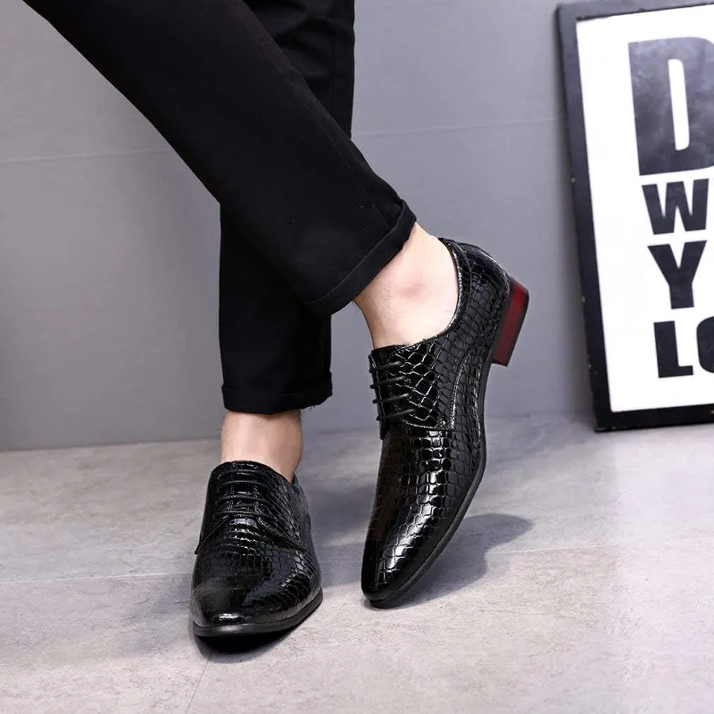 Men's Patent Leather Pointed Toe Leather Pattern Oxford Shoes,Lace-Up Non-Slip Office Derby Wedding Shoes