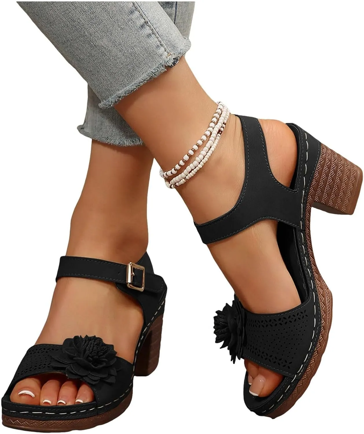 Orthopedic Wedge Sandals for Women Summer Beach Chunky Slip On Sandals Elegant Platform Casual Adjustable Ankle Strap Walking Shoes Open Toe Low Heel Slides Shoes with Flowers