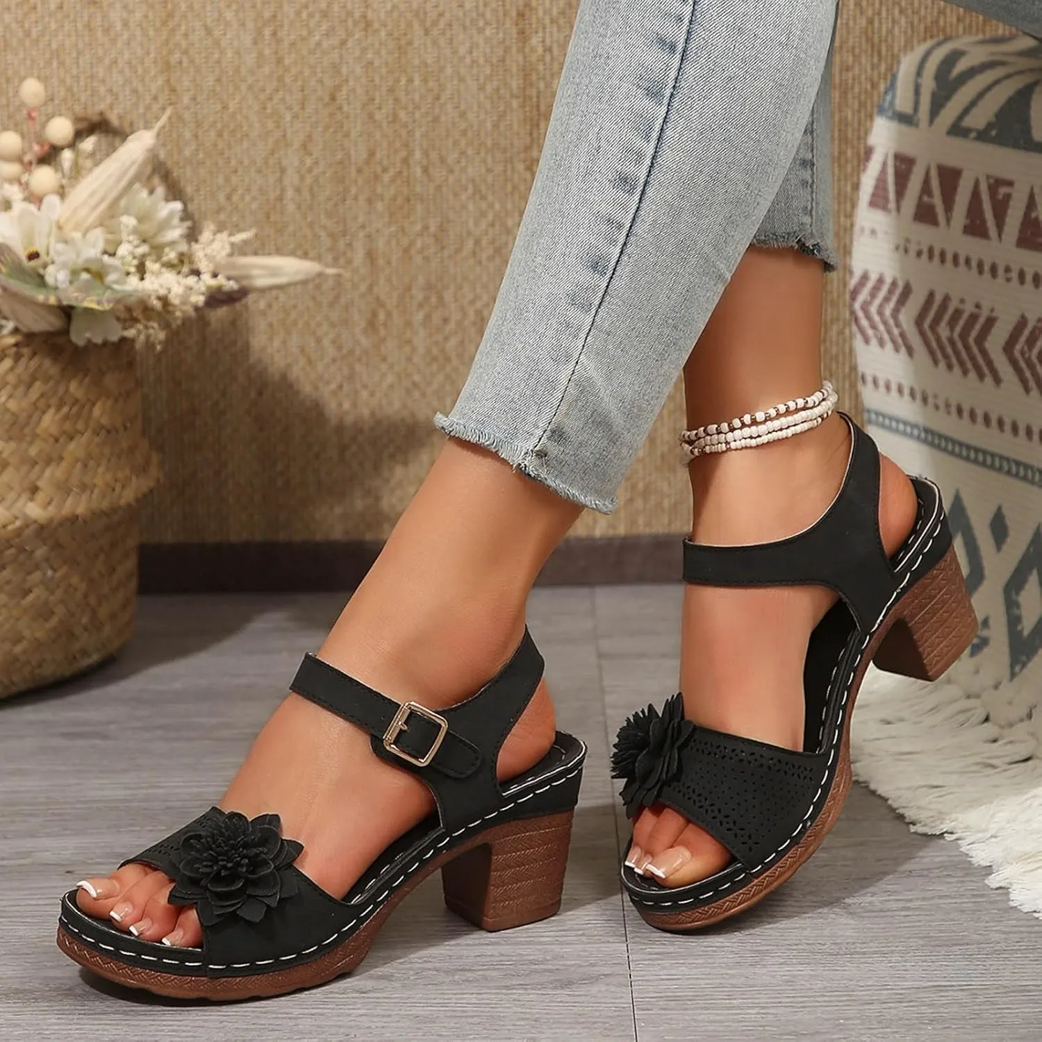 Orthopedic Wedge Sandals for Women Summer Beach Chunky Slip On Sandals Elegant Platform Casual Adjustable Ankle Strap Walking Shoes Open Toe Low Heel Slides Shoes with Flowers