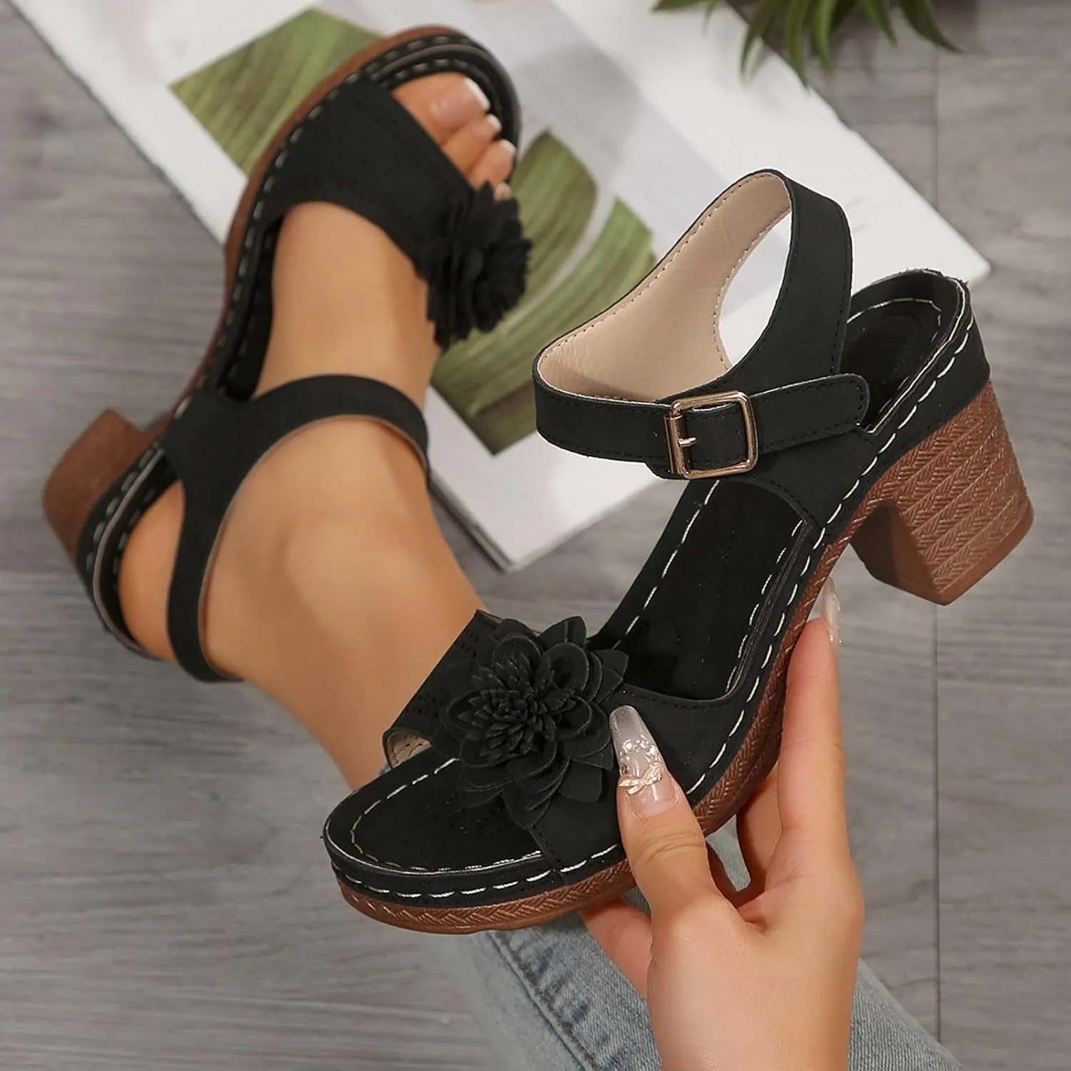 Orthopedic Wedge Sandals for Women Summer Beach Chunky Slip On Sandals Elegant Platform Casual Adjustable Ankle Strap Walking Shoes Open Toe Low Heel Slides Shoes with Flowers